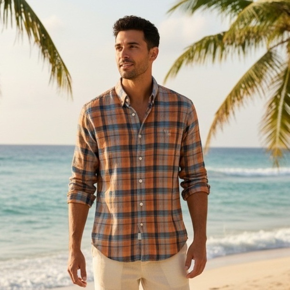 J. Crew‎ Slim Fit Plaid Button Down Shirt Orange Blue Men's Size Medium